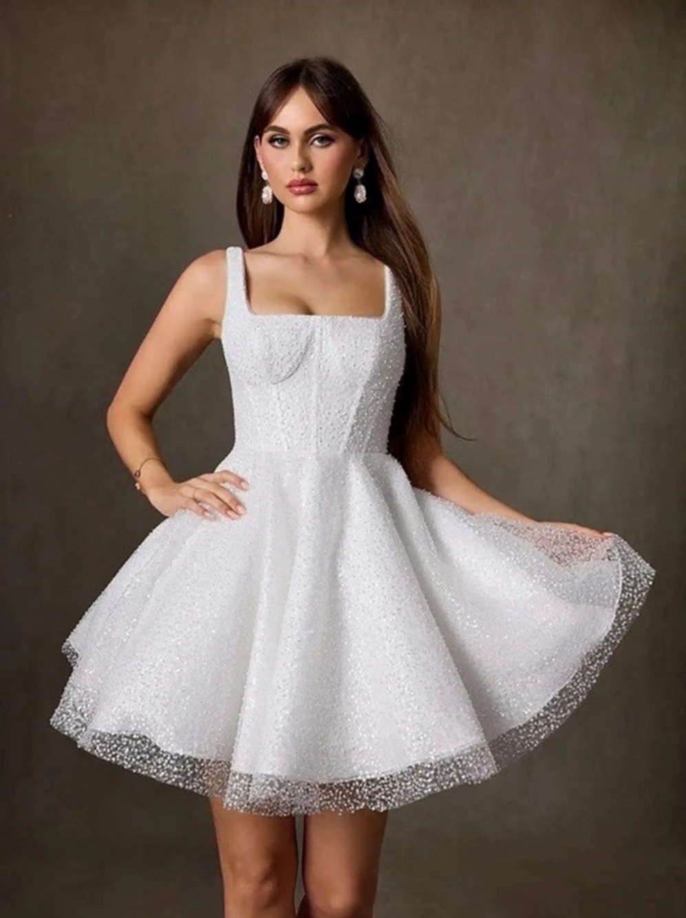 Azazie Xenia White A-Line Sequin Lace Mini Dress